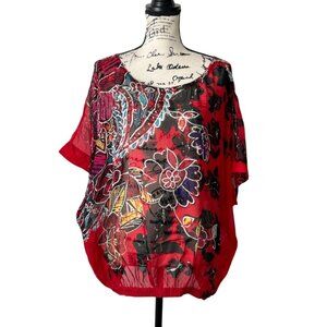 Chicos Womens Red Silk Top Embellished Sheer Batwing Sleeve Elastic Waist M/L